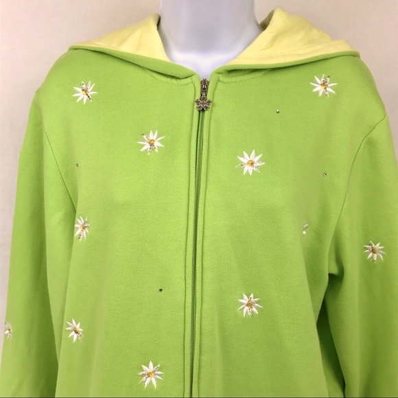 Quacker Factory Swing Jacket Green Embroidered Daisy Size Medium - Picture 2 of 6